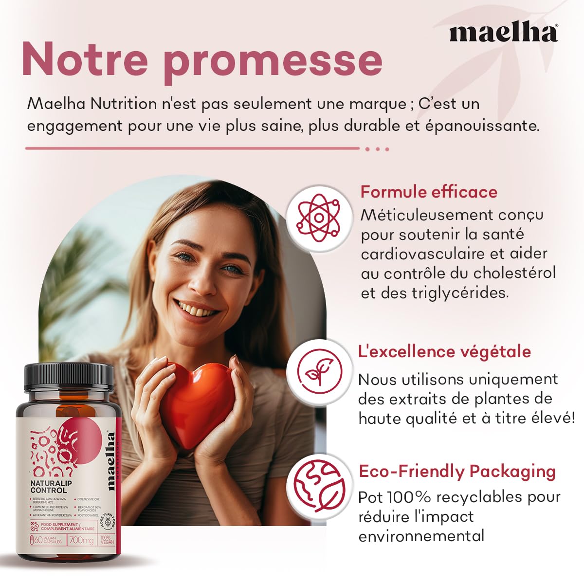 Naturalip Control | Supplément à base de riz rouge fermenté | Aide à maintenir des taux normaux de cholestérol et de triglycérides | Concentration élevée | 60 gélules | 100% végétalien