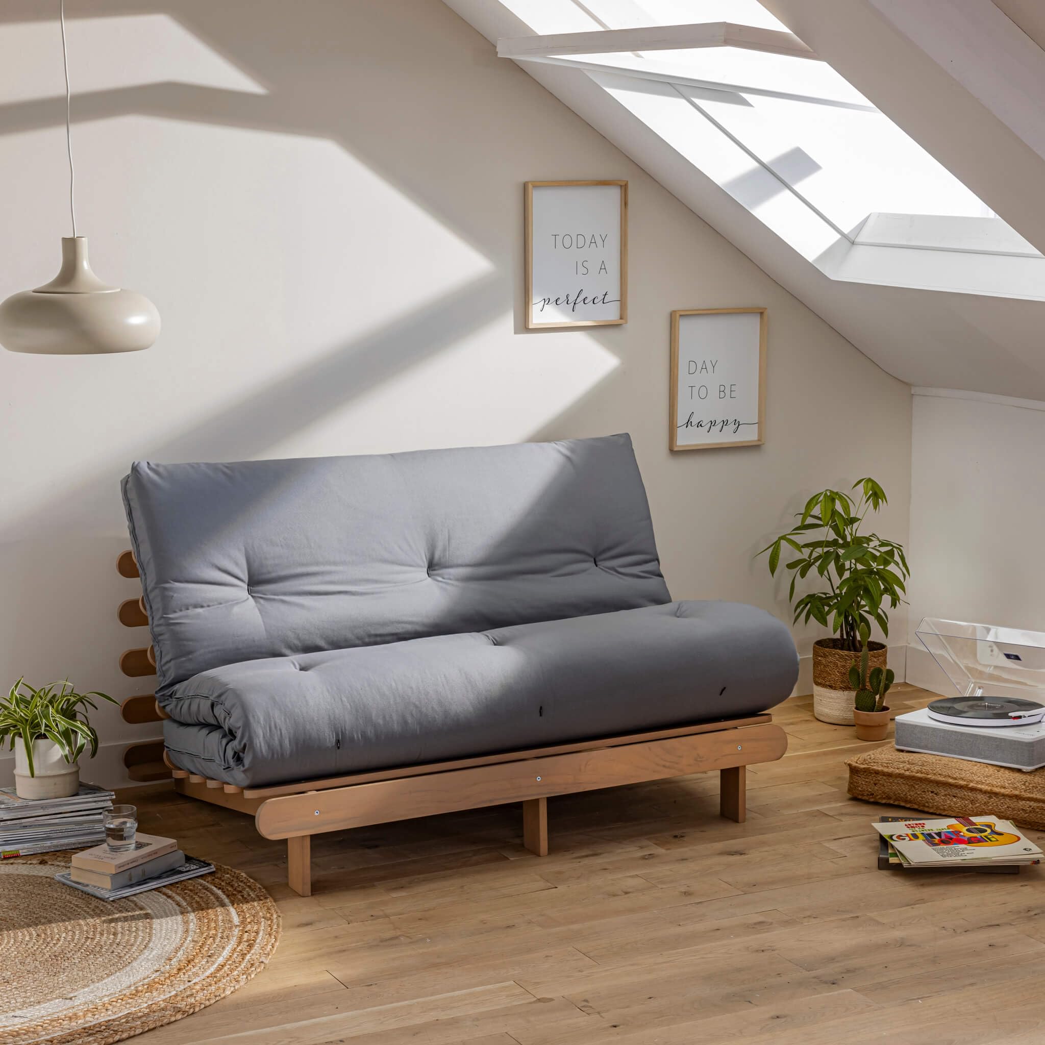 Terre de Nuit - Ensemble Matelas futon en Coton et Structure en Bois Massif Taupe 140x200 Gris en Pin Massif - Gris