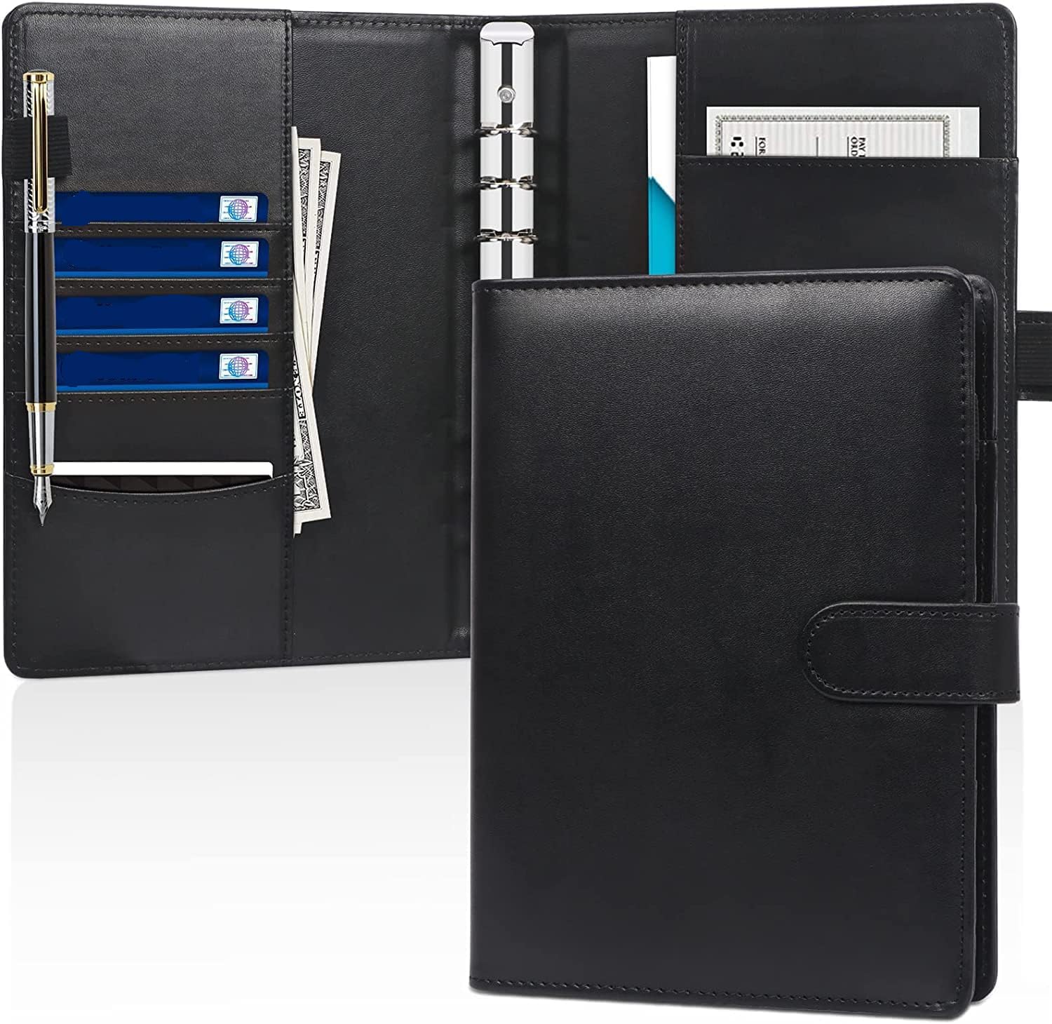 PU Leather A5 Binder, 6 Ring A5 Planner Binder Notebook Cover, 6 Ring Binder Planner Notebooks Portfolio with Card Holder, Large Capacity, Used for School Office Travel, Black