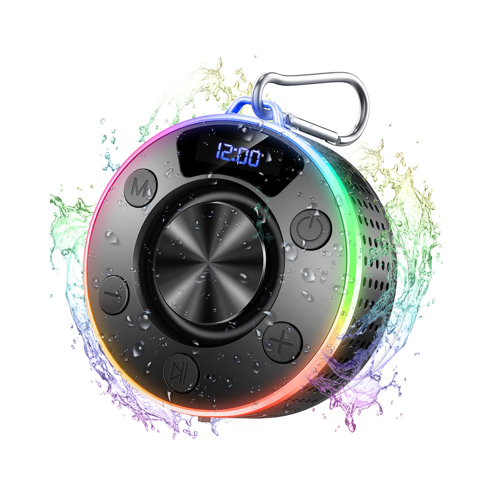 Altavoz Bluetooth, pequeño altavoz de ducha Bluetooth 5.3 con ventosa | Luz LED, IPX7 resistente al agua, caja de música portátil, potente sonido cristalino para baño, montañismo, viajes