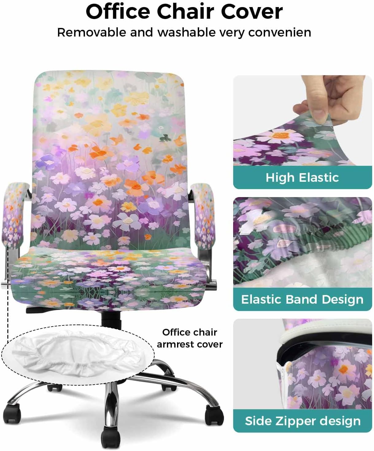 Spring Flower Office Chair Cover Medium Stretchable with Armrest Covers,Removable Computer Chair Back Covers Dustproof Office Desk Chair Seat Slipcovers Colorful Painting Botanical Wildflower