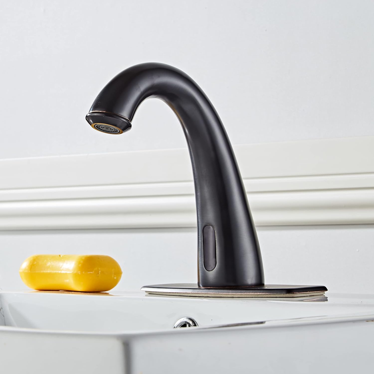 Automatic Touchless Bathroom Faucet Motion Sensor Activated Commercial Basin Sink Vantiy Hands Free Auto Off Infrared Mixer with Hole Cover Deck Plate Temperature Control Hot Cold Matte Black