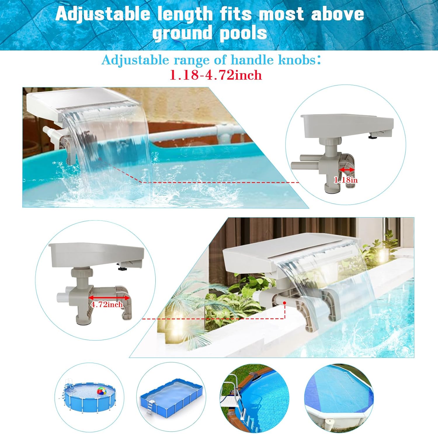 NICENICY Pool Waterfall with 7-Color LED Lights, Swimming Pool Waterfall Fountain for Above Ground Pools, Smooth Flowing Waterfall with Light for Relaxation, Fits 1.2" to 4.7" Above-ground Pool Frames