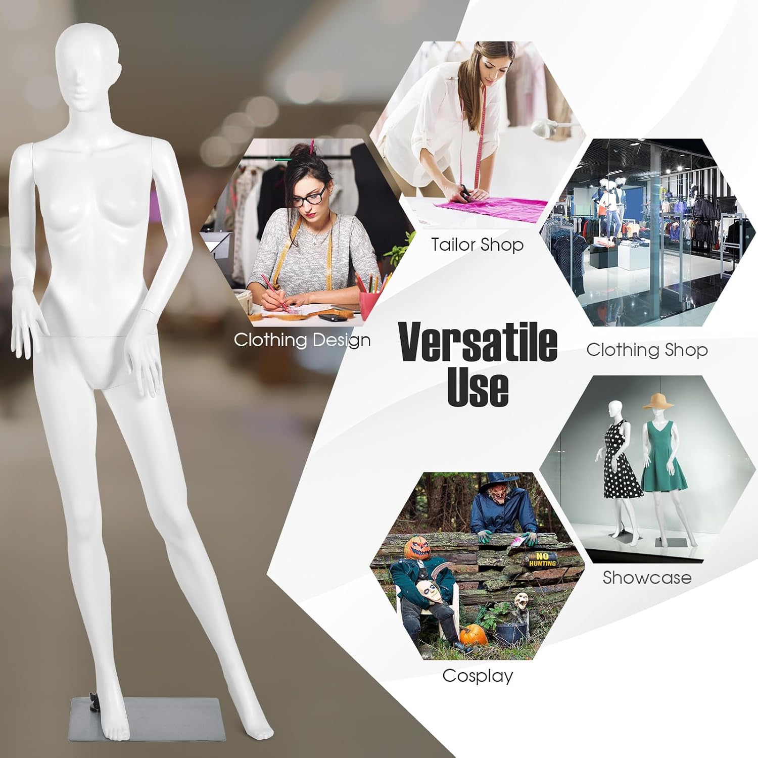Giantex 70" Female Mannequin, Full Body Torso Manikin Dress Form, Adjustable & Detachable Plastic Mannequin Model with Metal Base, for Sewing Dressmaker Market Shop, Realistic Display Mannequin, White