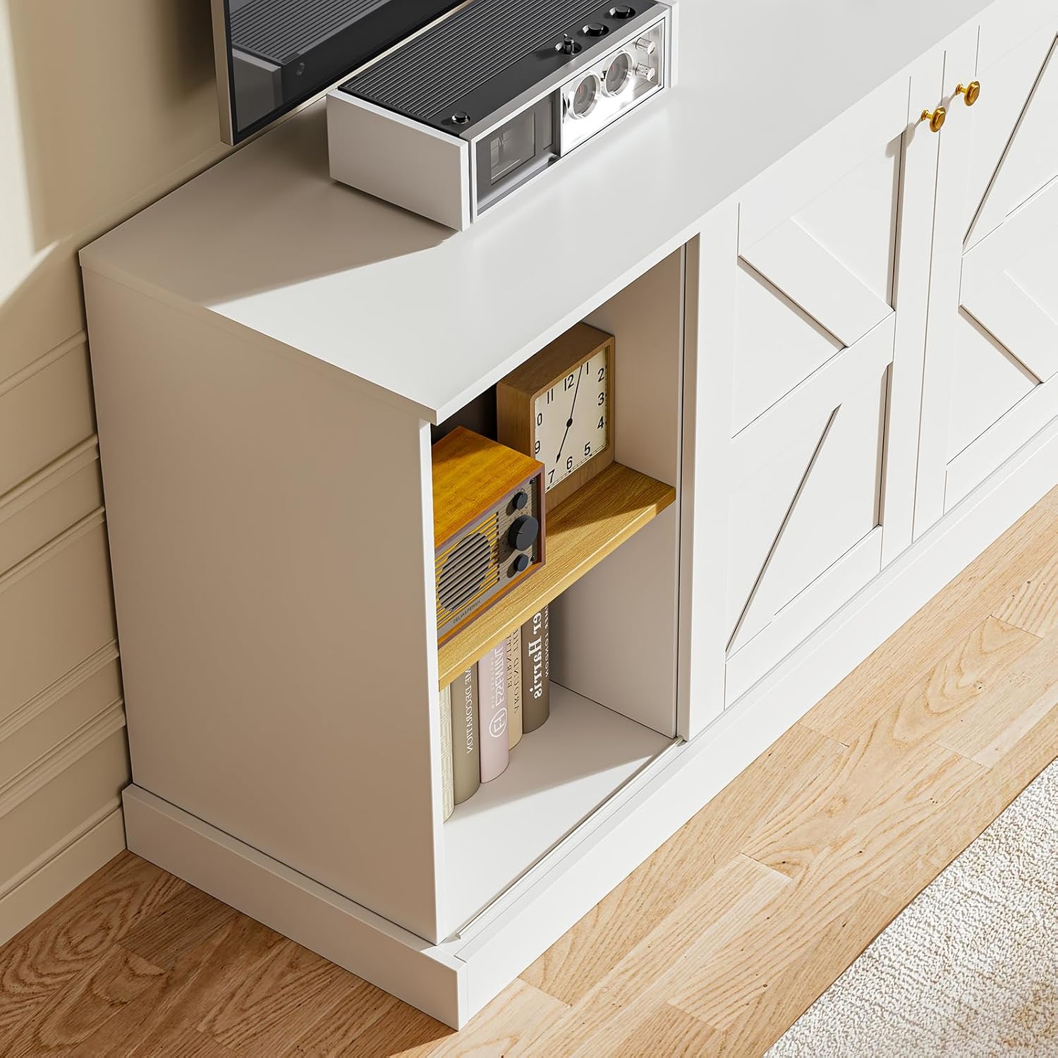 3-Piece Farmhouse Entertainment Center Set with Sliding & Glass Doors, Includes 61.8" TV Console and 71" Tall Bookcases, Adjustable Shelves, White Living Room Furniture