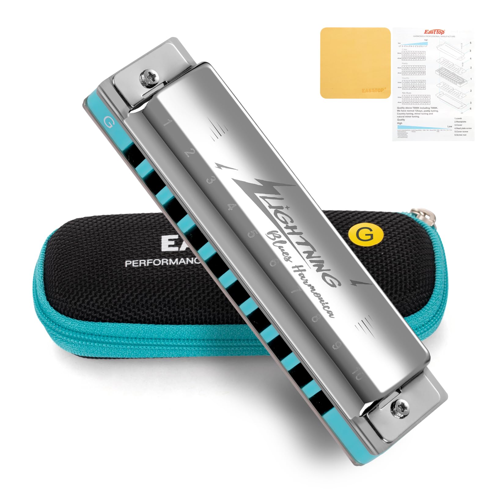 East top Advanced Diatonic Harmonica, Key of G, 10 Holes Blues harmonica Mouth Organ with Silver Cover