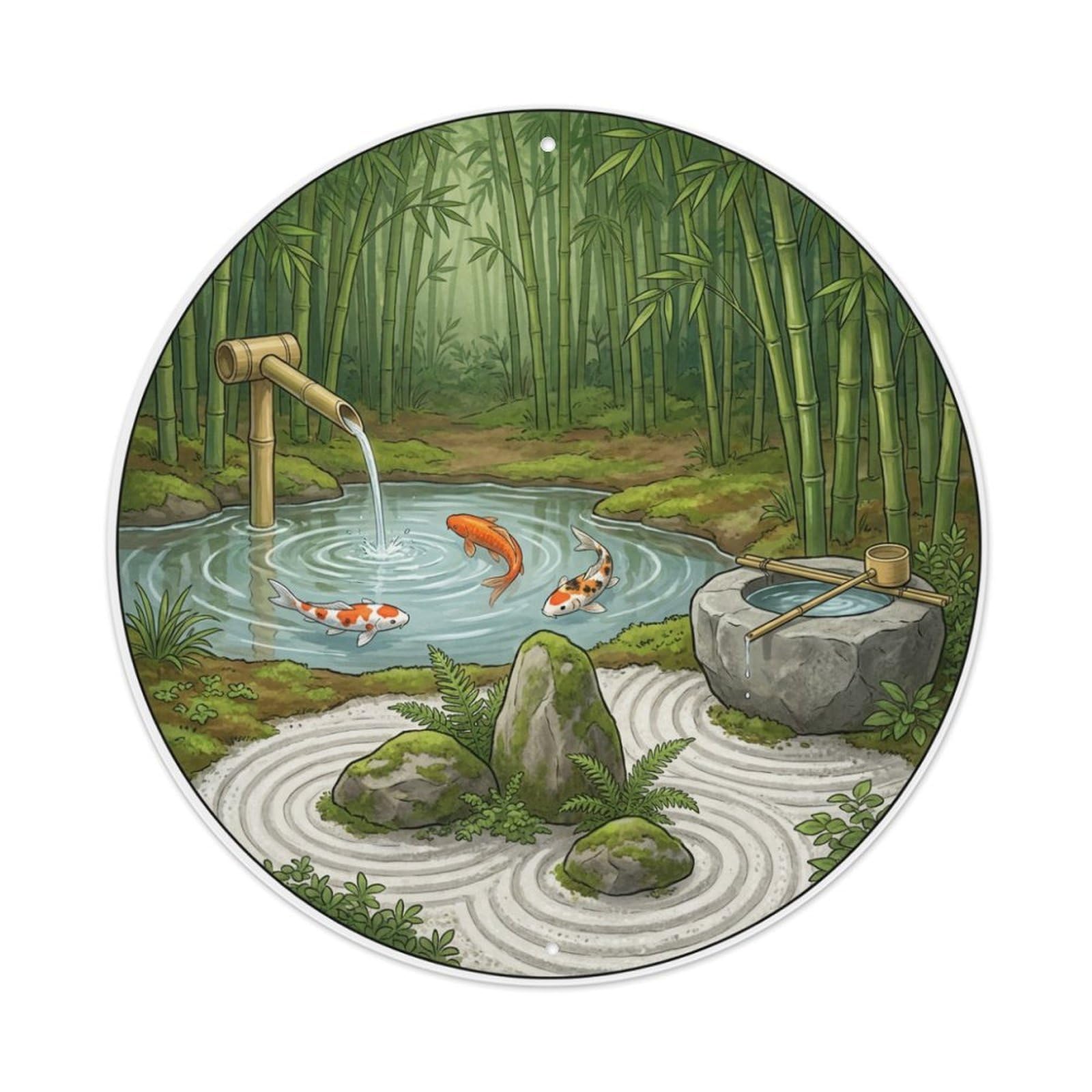 Galvaxio Style Japanese Koi Fish Bamboo Water Fountain Flow 1 Metal Tin Sign