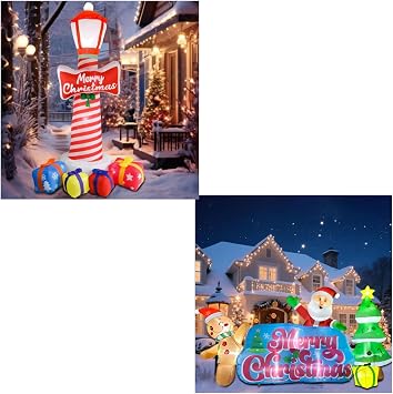 8.1 FT Christmas Inflatable Lighthouse with Gift Boxs & 9.2 FT Inflatables Merry Christmas Banner with Santa, Gingerbread Man & Christmas Tree, Blow Ups Outdoor Inflatables Sign with Build-in LEDs
