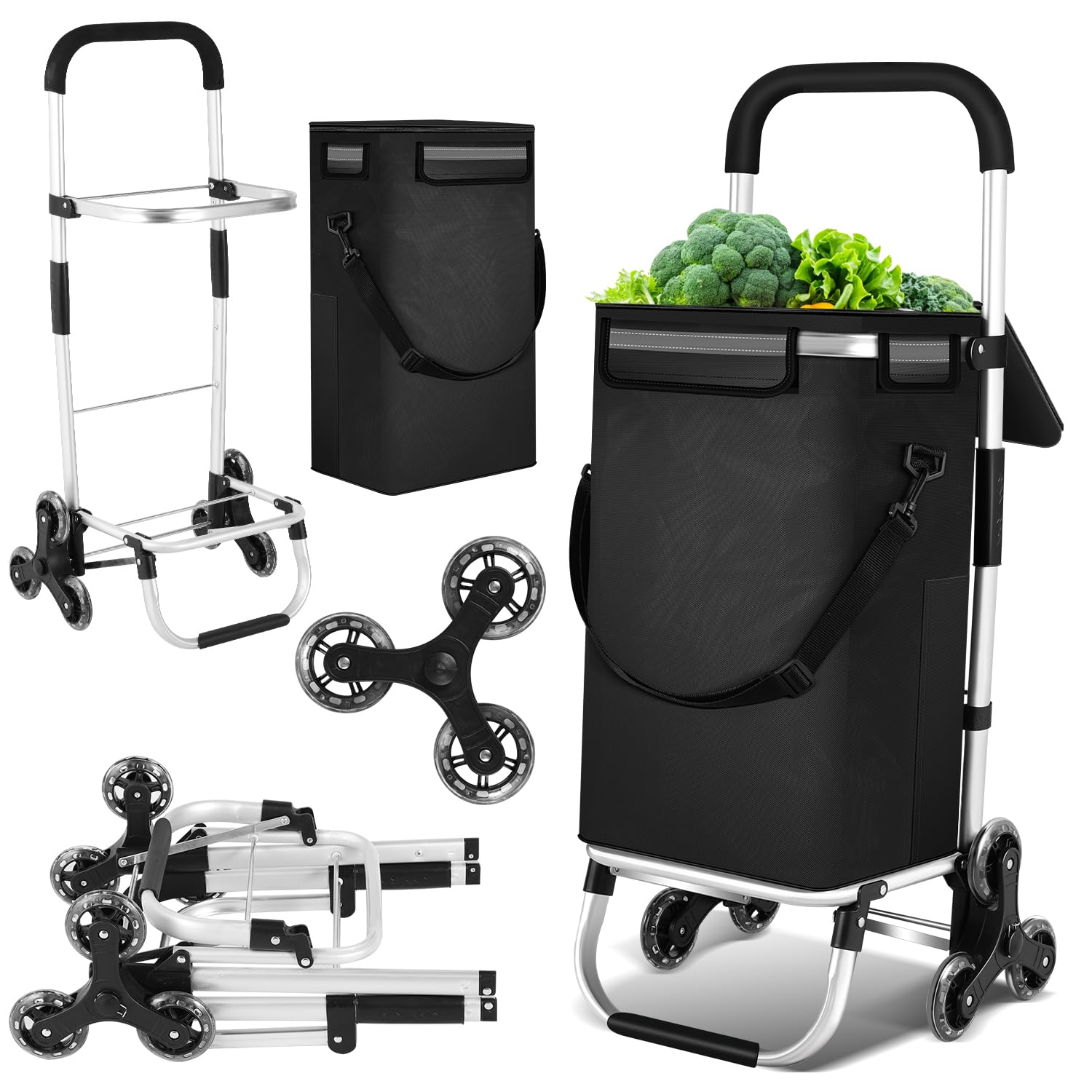 Einkaufstrolley Klappbar 40 Liter Einkaufswagen mit Kühlfach Einkaufstrolley Treppensteiger, Abnehmbare Tasche Schwarz Trolley Faltbarer Einkaufsroller Einkaufsrollwagen
