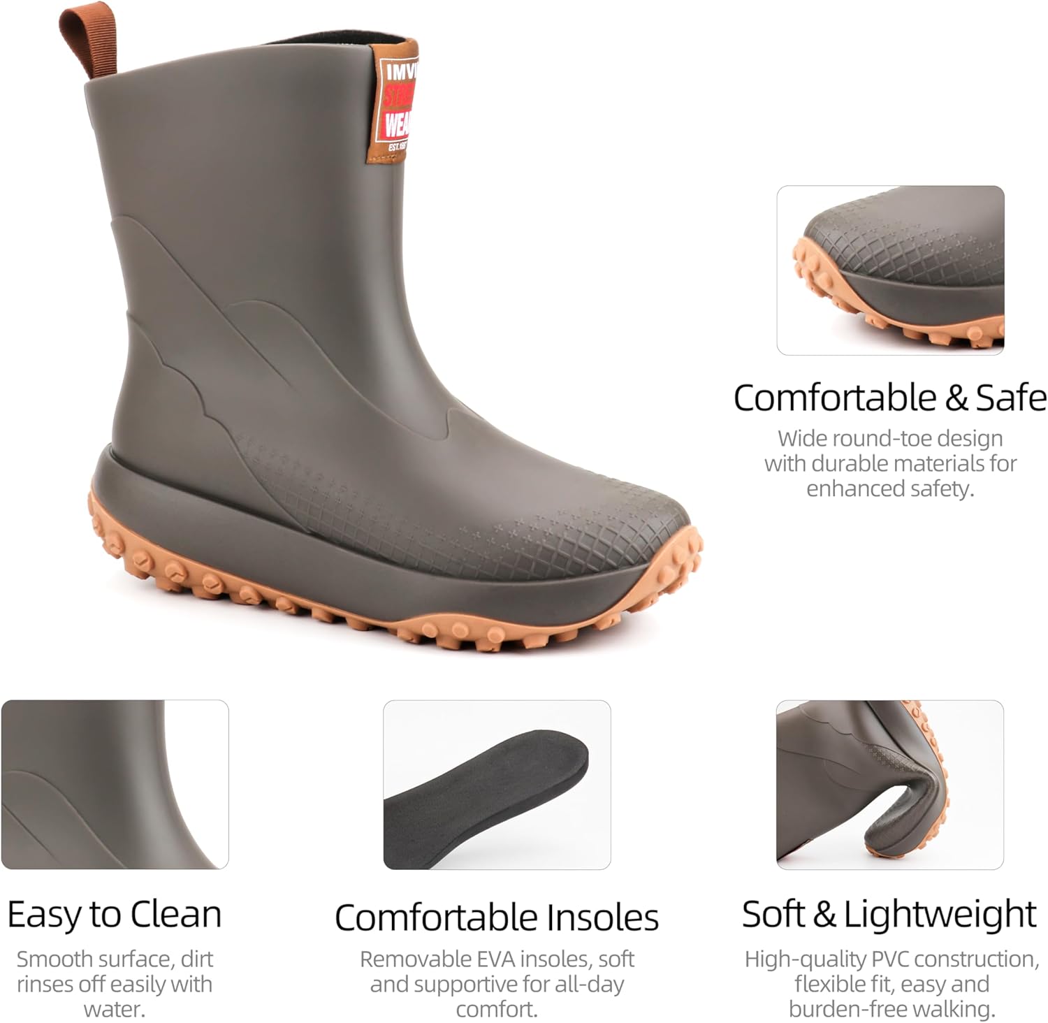 Men's Waterproof PVC Work Rain Boots – Mid-Calf, Anti-Slip Sole, Reinforced Toe & Heel – Durable Lightweight Boots for Fishing, Farming, Gardening & Outdoor Use