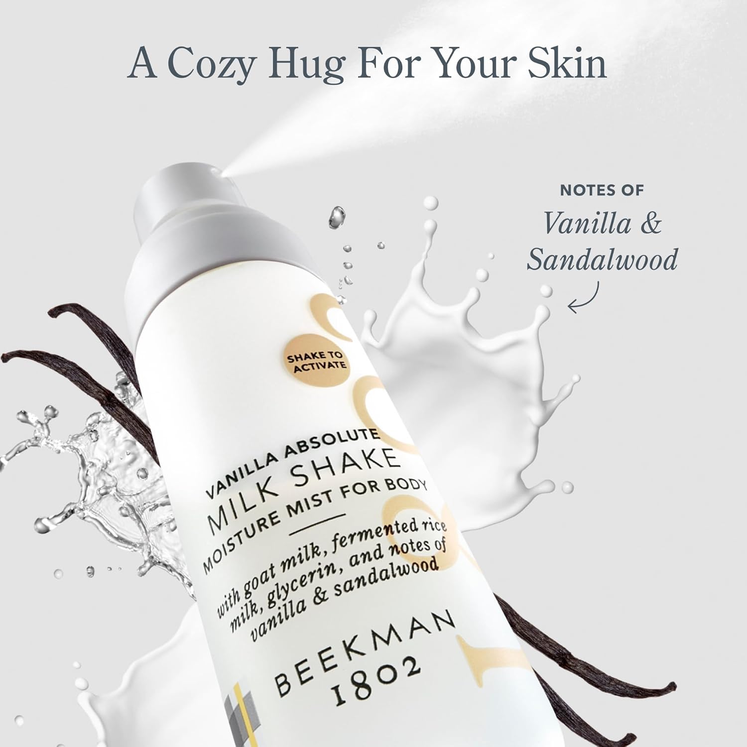 Beekman 1802 Milk Shake Hydrating Body Mist – Alcohol-Free Moisture with Goat Milk, Hyaluronic Acid & Squalane, Lightweight Skin Softening Spray for Sensitive Skin – Vanilla Absolute, 2 Fl Oz