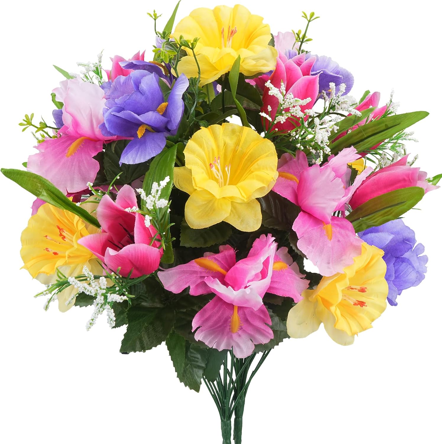 14 Stems Artificial Daffodils Flowers Bouquet Mixed Fake Tulips Flowers 17" Bush Faux Silk Spring Floral Arrangements Grave Cemetery for Home Kitchen Table Centerpiece Indoor Decoration (2PCS)