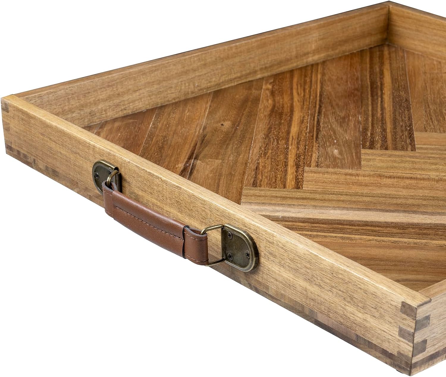 MyGift 18-Inch Herringbone Solid Acacia Wood Serving Tray – Square Ottoman Tray with PU Leather Handles, Rustic Coffee Table or Breakfast Display Tray - Image 7