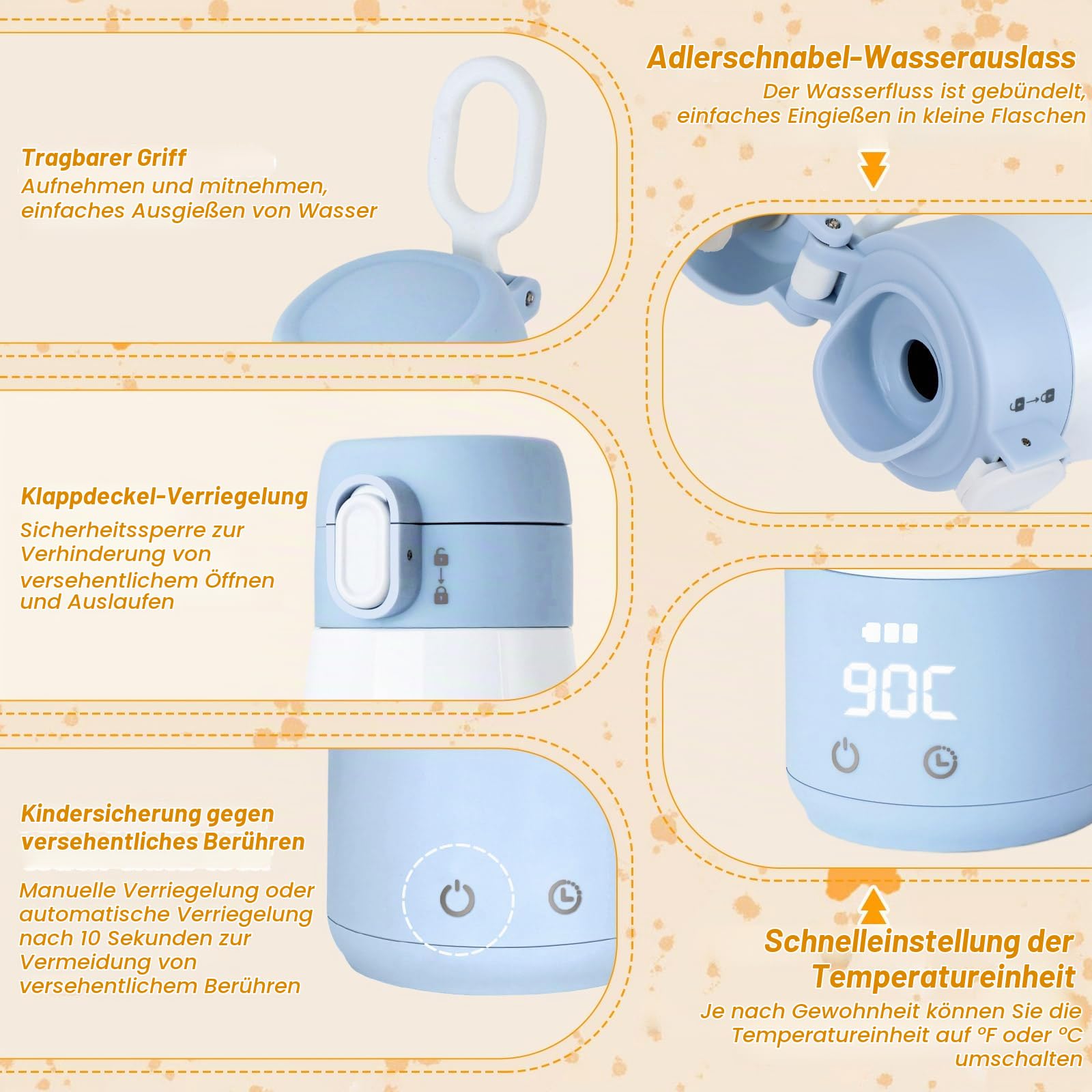 BEBOAN Tragbarer Milcherwärmer/Wasserwärmer für Unterwegs, Kabelloser Baby Muttermilch Wärmer flaschenwärmer, Intelligente Temperaturregelung mit 5 Stufen & Kindersicherung, 350ml Große Kapazität