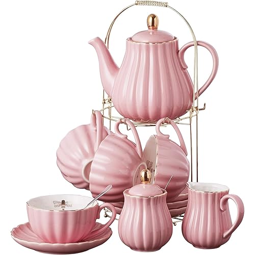 Jusalpha Fine China Pink Coffee Cup/Teacup Set, 7 OZ Cups& Saucer Service for 4, with Teapot-Sugar Bowl-Cream Pitcher Teaspoons and tea strainer for Tea/Coffee, 17-Pieces (TW Full set)