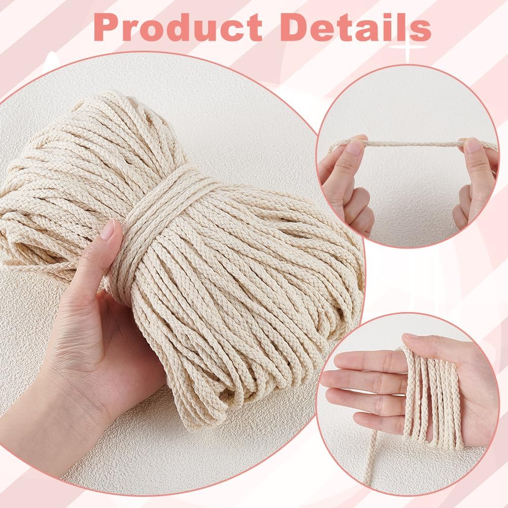 PH PandaHall 109 Yards 5mm Cotton Rope, Beige Drawstring Rope Piping Cord Macrame Coiling Cord Natural Cording Drawstring Cords Round Cotton Cording for Crafts Sewing Throw Pillow Knitting Welting