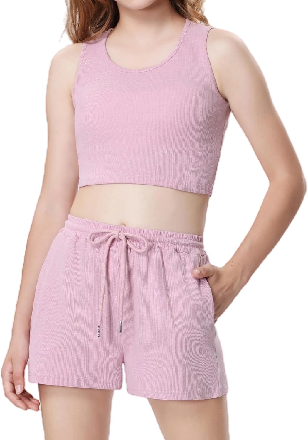 Mebius Girl's 2 Piece Outfit Crop Tops Shorts Set Ribbed Knit Cropped Tank Tops Sleeveless Round Neck