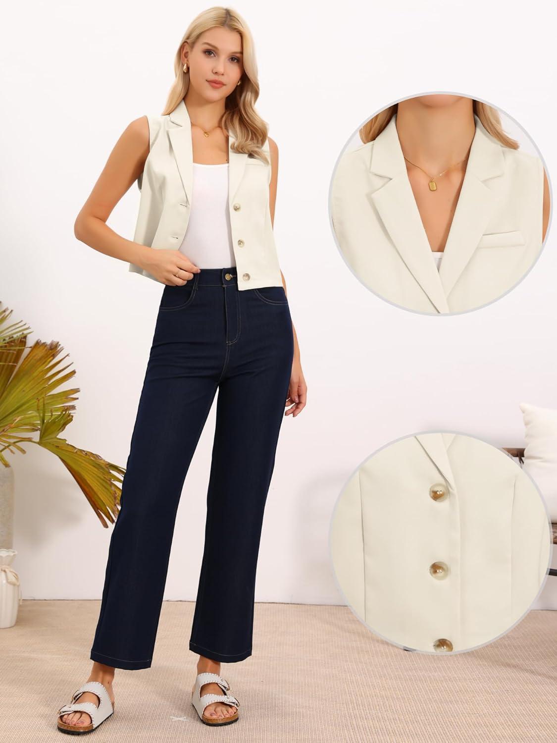 Allegra K Cropped Vest for Women's Button Down Waistcoat Notched Lapel Business Casual Work Suit Vests - Image 2