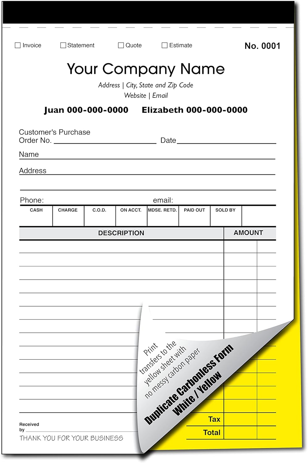 Custom Sales, Invoice, Statement, Estimate, Quote, Personalized Multipurpose Duplicate Carbonless Form with Your Company Name - 2 Books (100 Sets) Numbered : Office Products