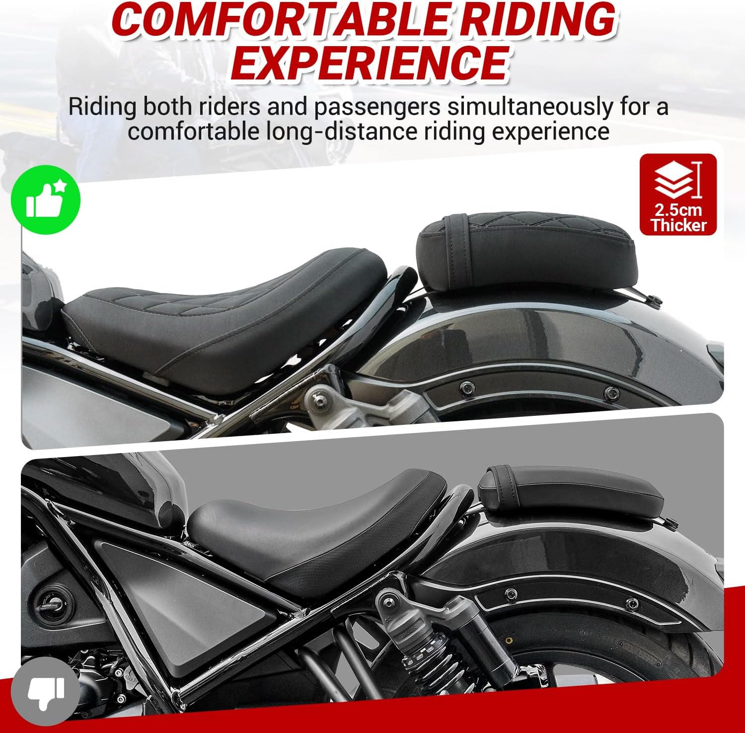 Motorcycle Driver Seat for Honda Rebel CMX 1100 CMX1100 2021 2022 2023 2024 2025 2026 Front Pillion Solo Cushion Cover Pad Set (Rider-Black)