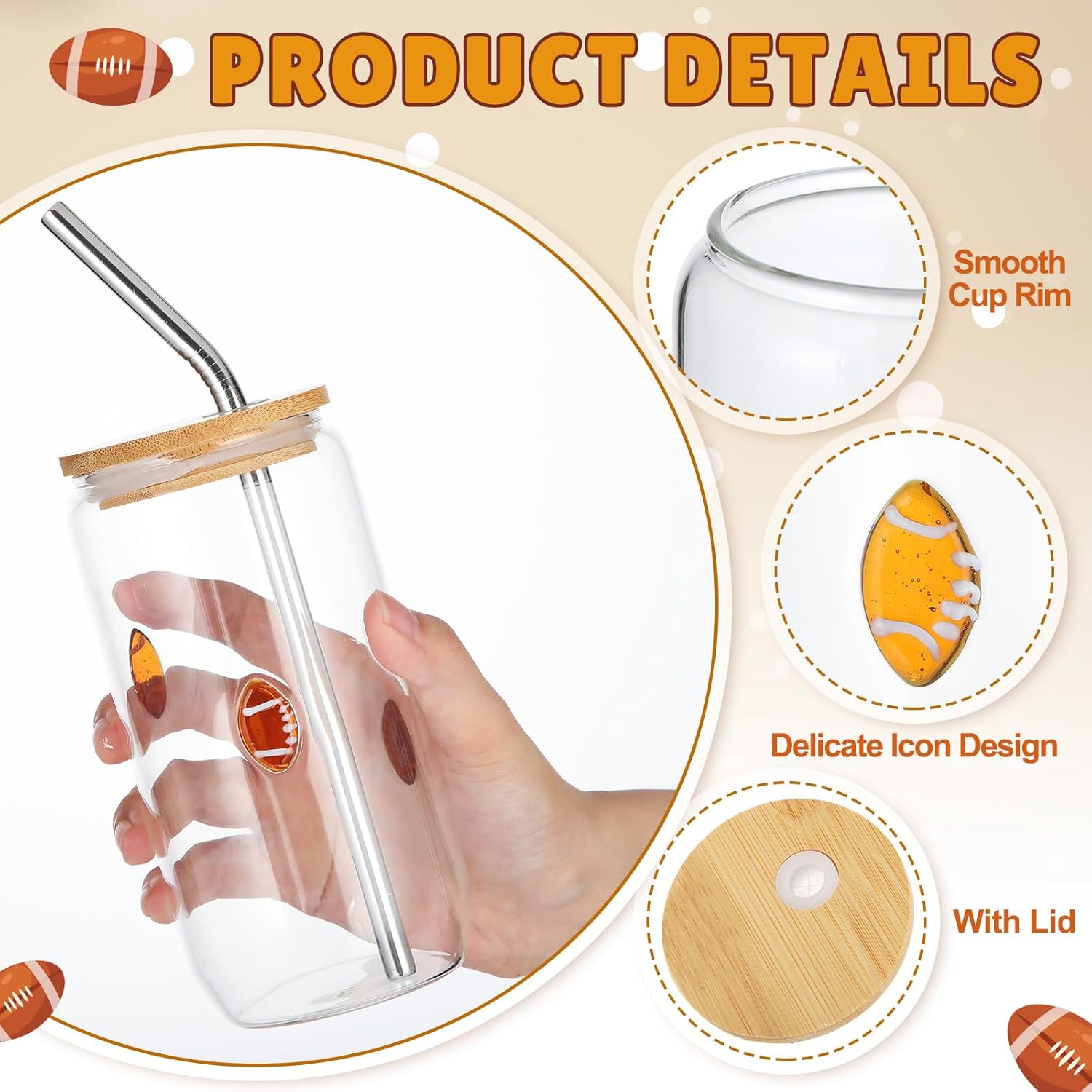 Honeydak Football Party Drinking Glasses - 18 oz Football Icon Juice Glass Tumbler with Lid & Straw Coffee Beer Soda Cocktail Drinking Cup for Game Sport Day Party Supplies Fans Gifts - Image 4