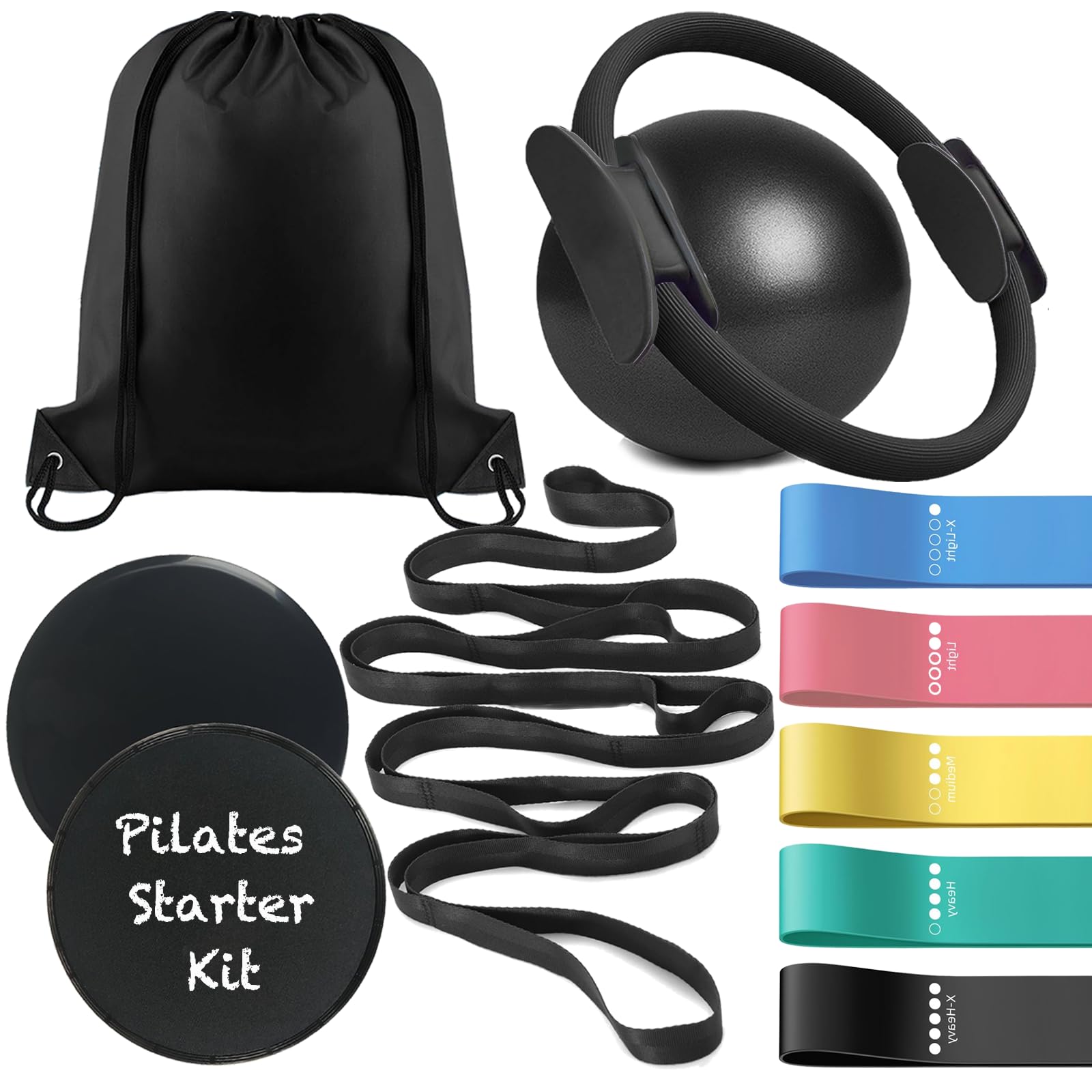 Pilates Ring Ball Bands Set Pilates Essentials Kit for Home Workouts, Yoga Ball, Pilates Magic Circle, Core Sliders Discs, Exercise Resistance Bands, Yoga Stretch Strap with Loops, Women Fitness Gift