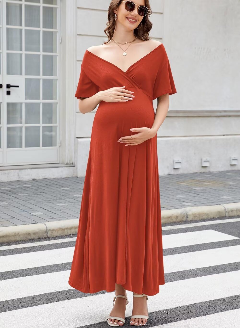 Wkior Maternity Maxi Dress Wrap V Neck Summer Short Sleeve Baby Shower Pregnancy Dresses for Photoshoot