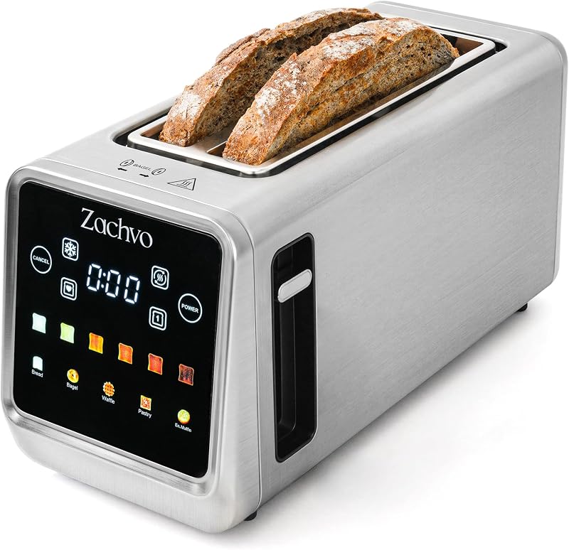 Tostadora de Ranura Larga para Masa Madre y Pan Artesanal con Pantalla Táctil Inteligente | Temporizador digital, función de memoria, tostado por un lado, recalentar y descongelar, acero inoxidable delgado para pan largo y 4 rebanadas estándar