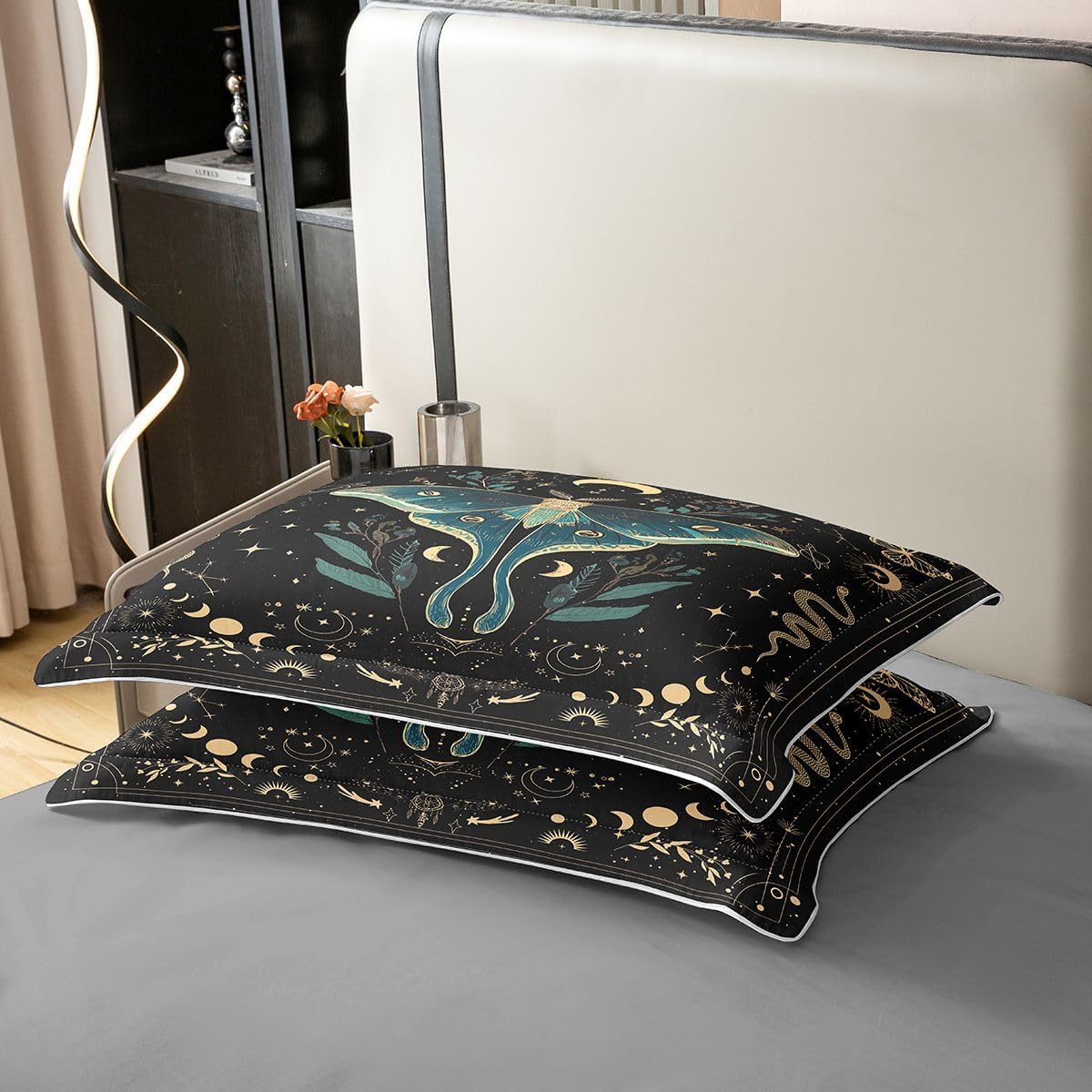 Erosebridal Teal Moth 100% Cotton Duvet Cover Queen Gold Moon Phases Bedding Set for Kids Girls Boys Adults Boho Florals Comforter Cover Mystical Starry Galaxy Aesthetic Bedclothes 3 Pcs