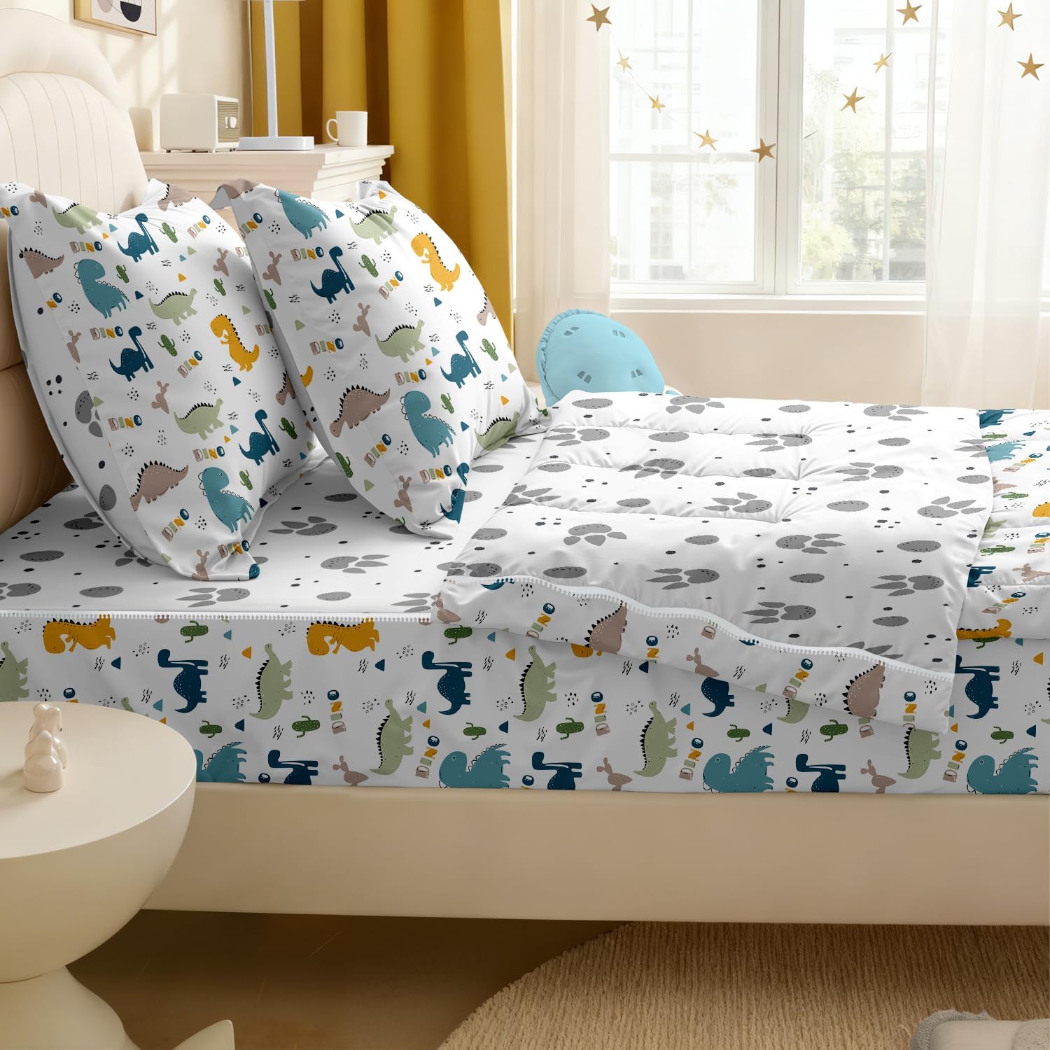 Kids Comforter Set,Zipper Bedding Twin for Boys,Dinosaurs Printed Comforter Set with Paw Fitted Sheets and Pillowcases for All Season(Dinosaurs Twin)