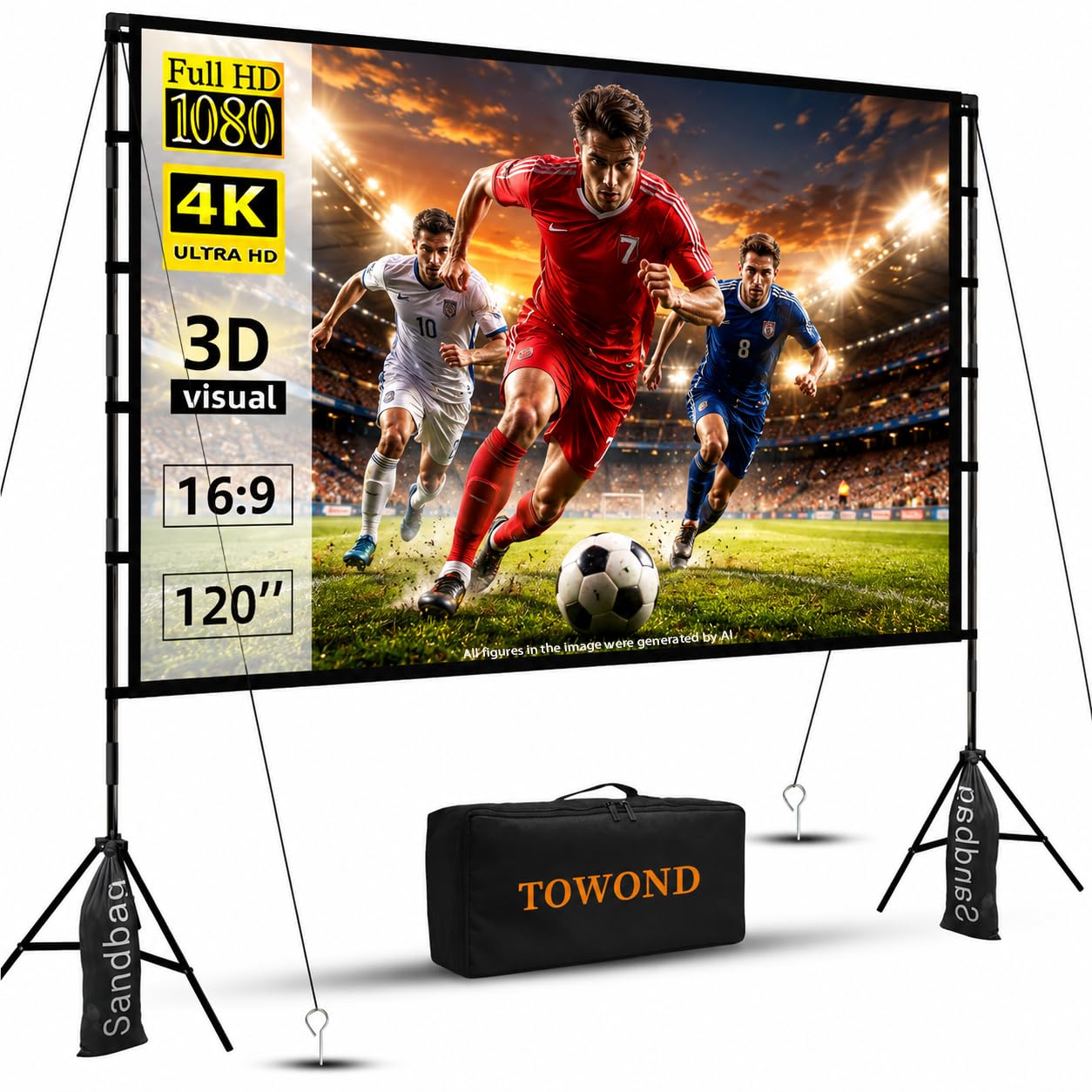 TOWOND Projectiescherm 100 Inch - Draagbaar Met Standaard - 4K HD & 16:9 - Voor Binnen En Buiten - Inclusief Draagtas, Touwen En Haringen
