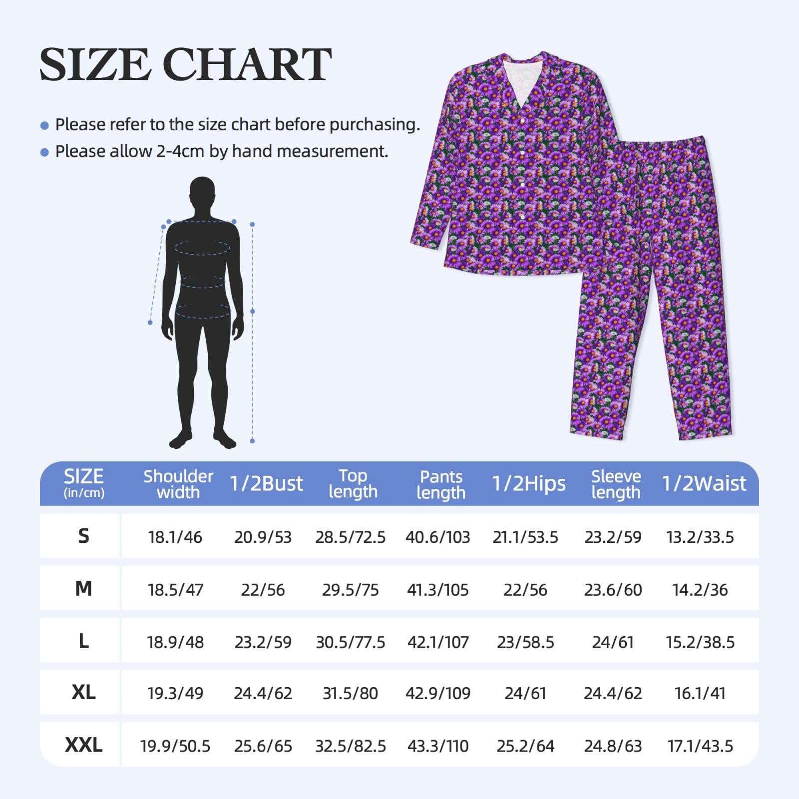 Herren-Pyjama-Set, langärmelig, mit Gänseblümchen-Aufdruck, zweiteilig, bequem, Nachtwäsche, Violett
