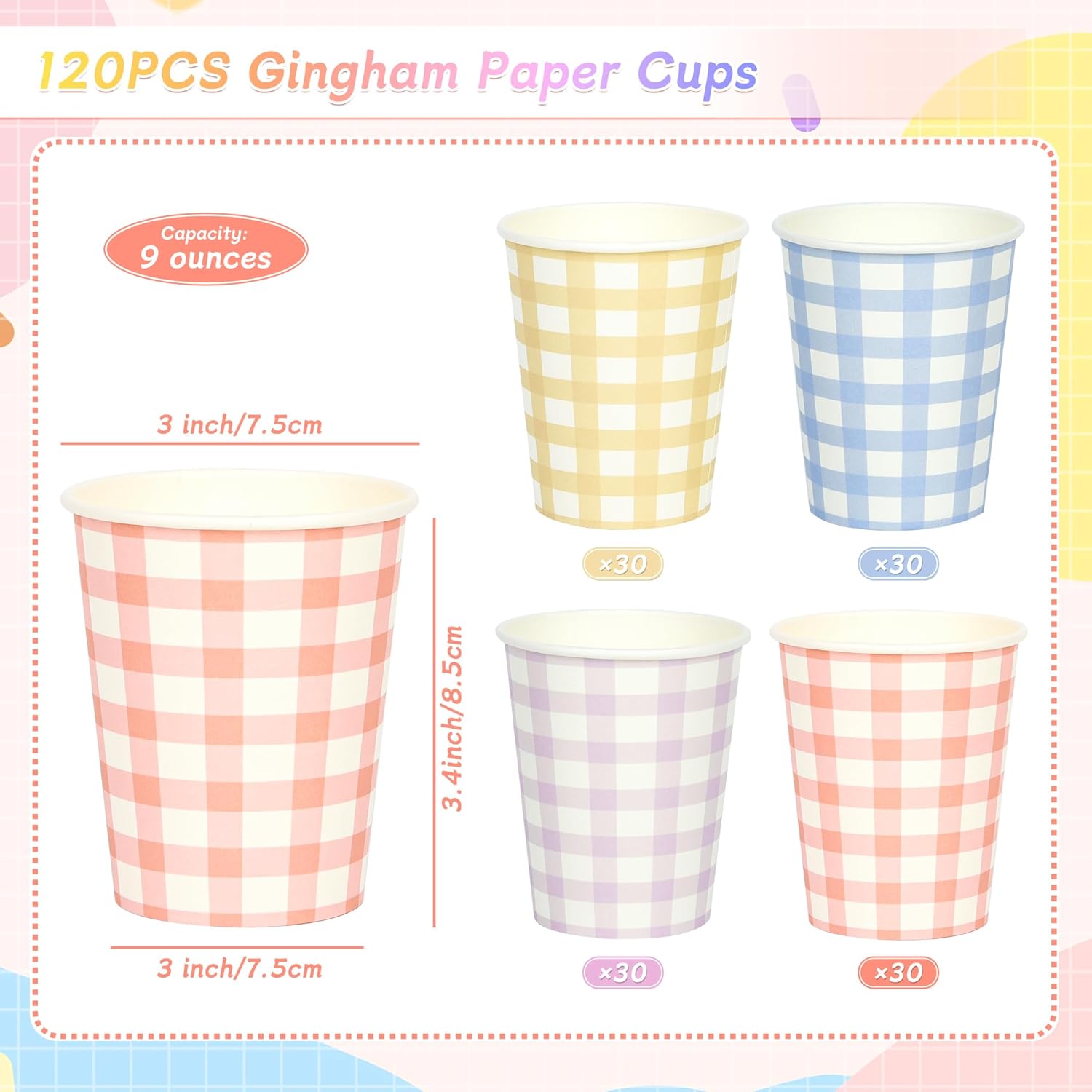 120pcs 9oz Gingham Party Paper Drinking Cups, 4 Colors Disposable Plaid Paper Cups Checkered Cups for Wedding Birthday Decoration Fiesta Baby Shower Picnic - Image 2