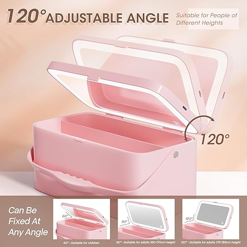 Miniatura 4 de Buqikma Caja organizadora de maquillaje de viaje con espejo, estuche de almacenamiento de maquillaje multiusos para mujer, Rosa - Recargable-3
