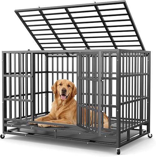 Jaula para perros de 48 pulgadas, perrera indestructible a prueba de escapes para perros grandes de alta ansiedad, jaula de metal de acero al