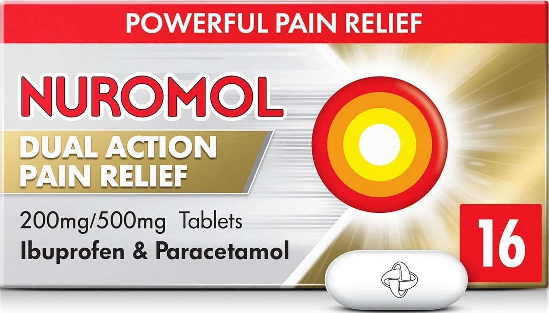 Nuromol Dual Action Ibuprofen Paracetamol Tablets, 16 Count - Strong Painkillers for Joint, Period, Back Pain & Fever Relief