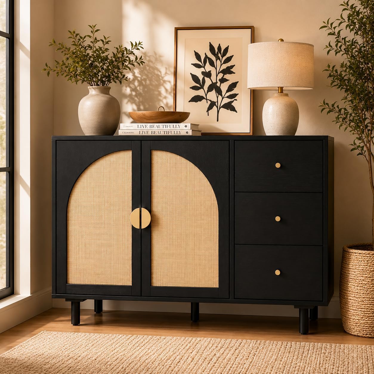 Black 2 Door 3 Drawer Rattan Cabinet, Accent Storage Cabinets with Cane Door, Stylish Boho Buffet with Charging Station,Rattan Cabinet Wood Credenza for Dining Room,Bathroom,Study,Kitchen