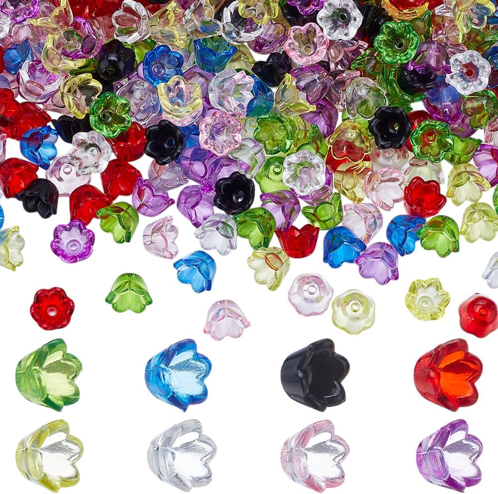PH PandaHall 800pcs 8 Colors Transparent Acrylic Flower Bead Caps Lily of The Valley Trumpet Flower Beads Floral Spacer Bead Caps with Center Hole for Earring Bracelet Jewelry Making DIY Craft Bulk