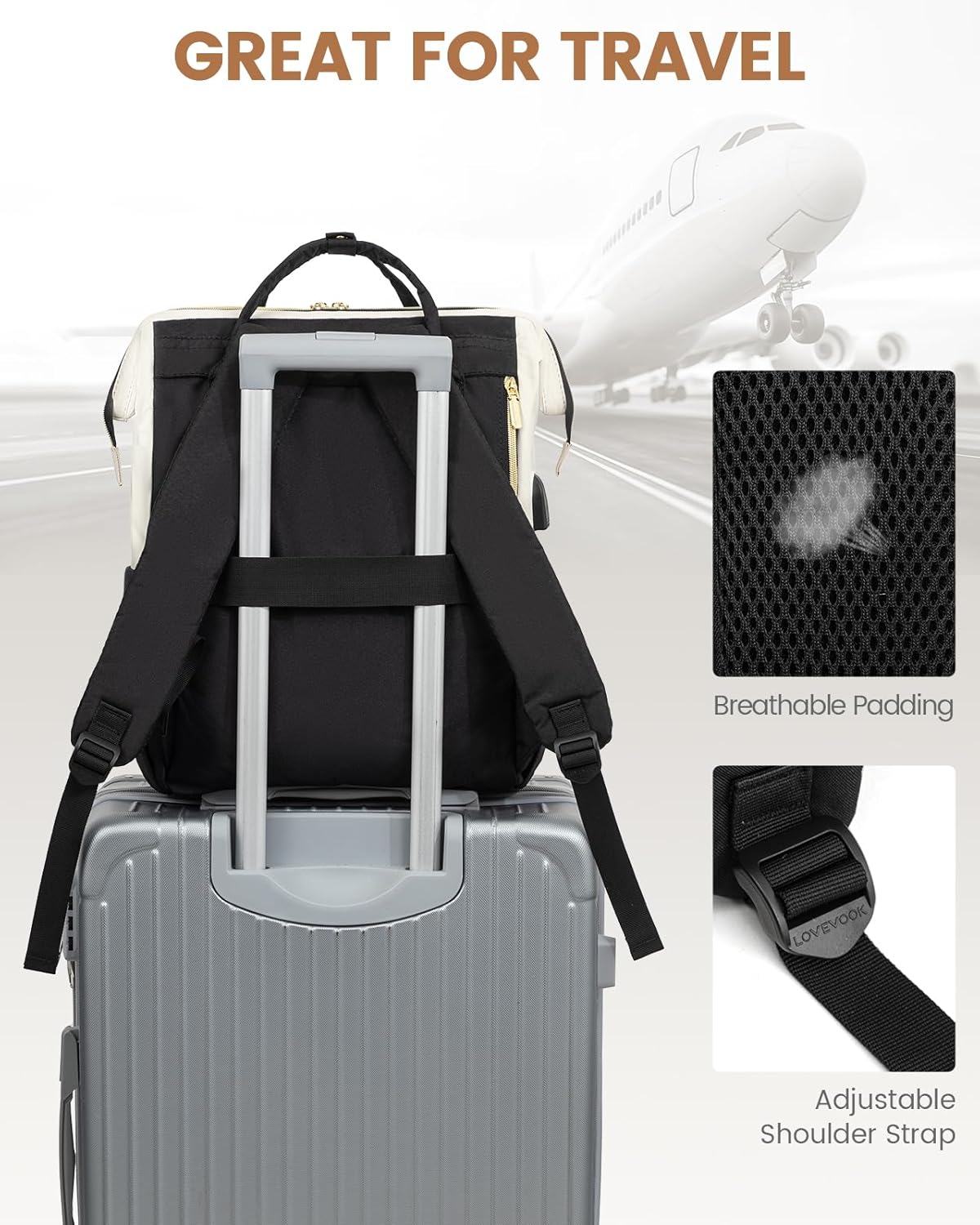 LOVEVOOK Laptop Backpack for Women Fashion Business Computer Backpacks Travel Bags Purse Doctor Nurse Work Backpack with USB Port, Fits 17-Inch Laptop Beige-Black - Image 8