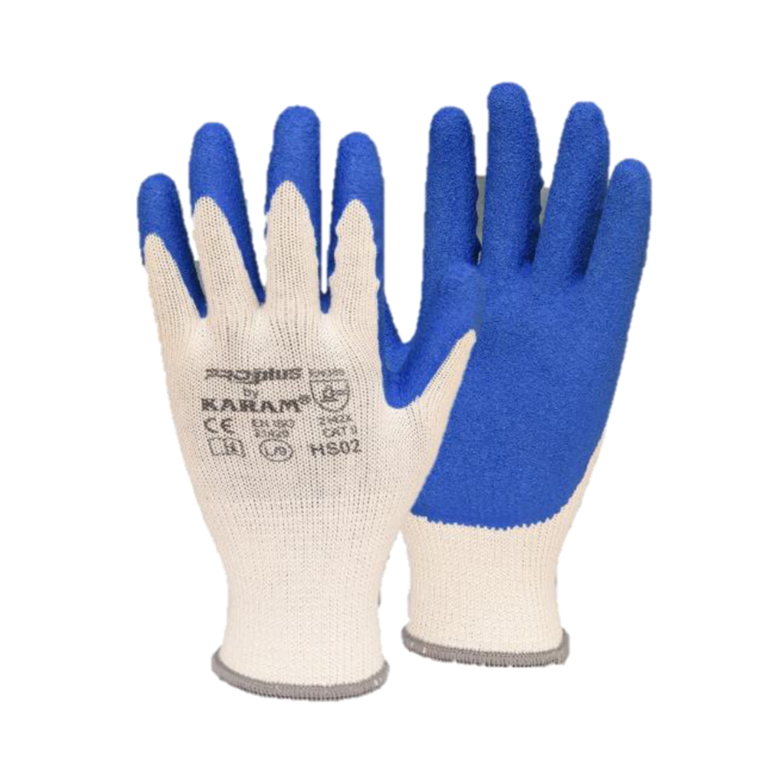 HS 02 10G White Polyester Shell With Blue Latex Coated Crinkle Finish Gloves, Blue/White