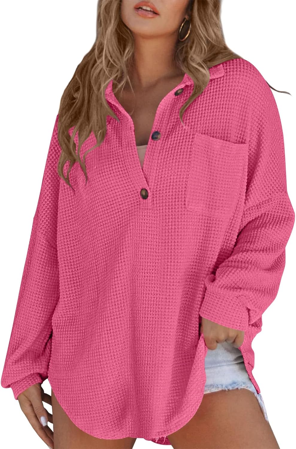 Poetsky Womens Waffle Knit Tops 2026 Oversized Long Sleeve Henley Shirts Fall Casual V Neck Loose Fit Tunic Blouse