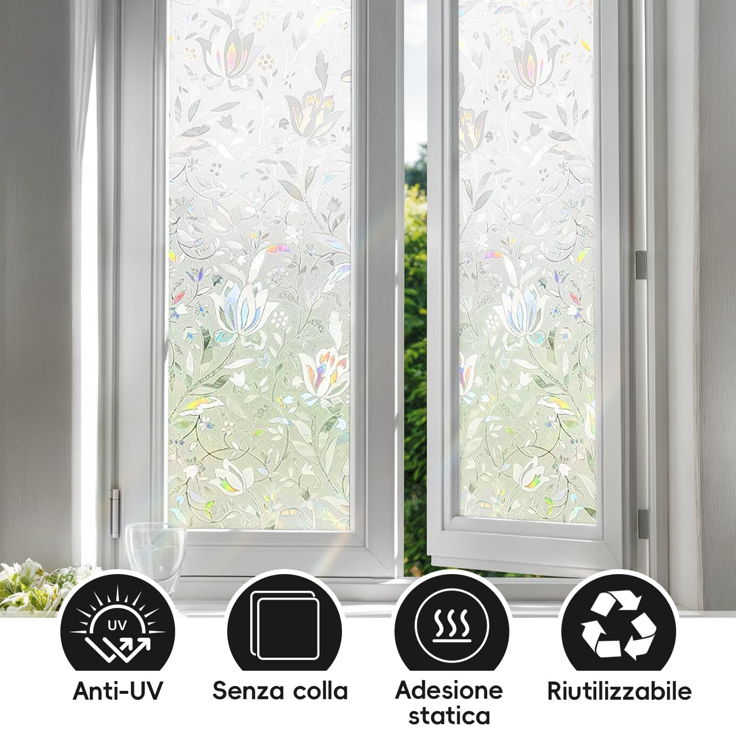 Qualsen Pellicola per Vetri Finestre 3D Tulipano Fiori Decorative Pellicola Adesiva per Vetri Effetto Arcobaleno Anti-UV Elettrostatica Pellicola Privacy Finestre per Casa Ufficio (90 x 200 cm)
