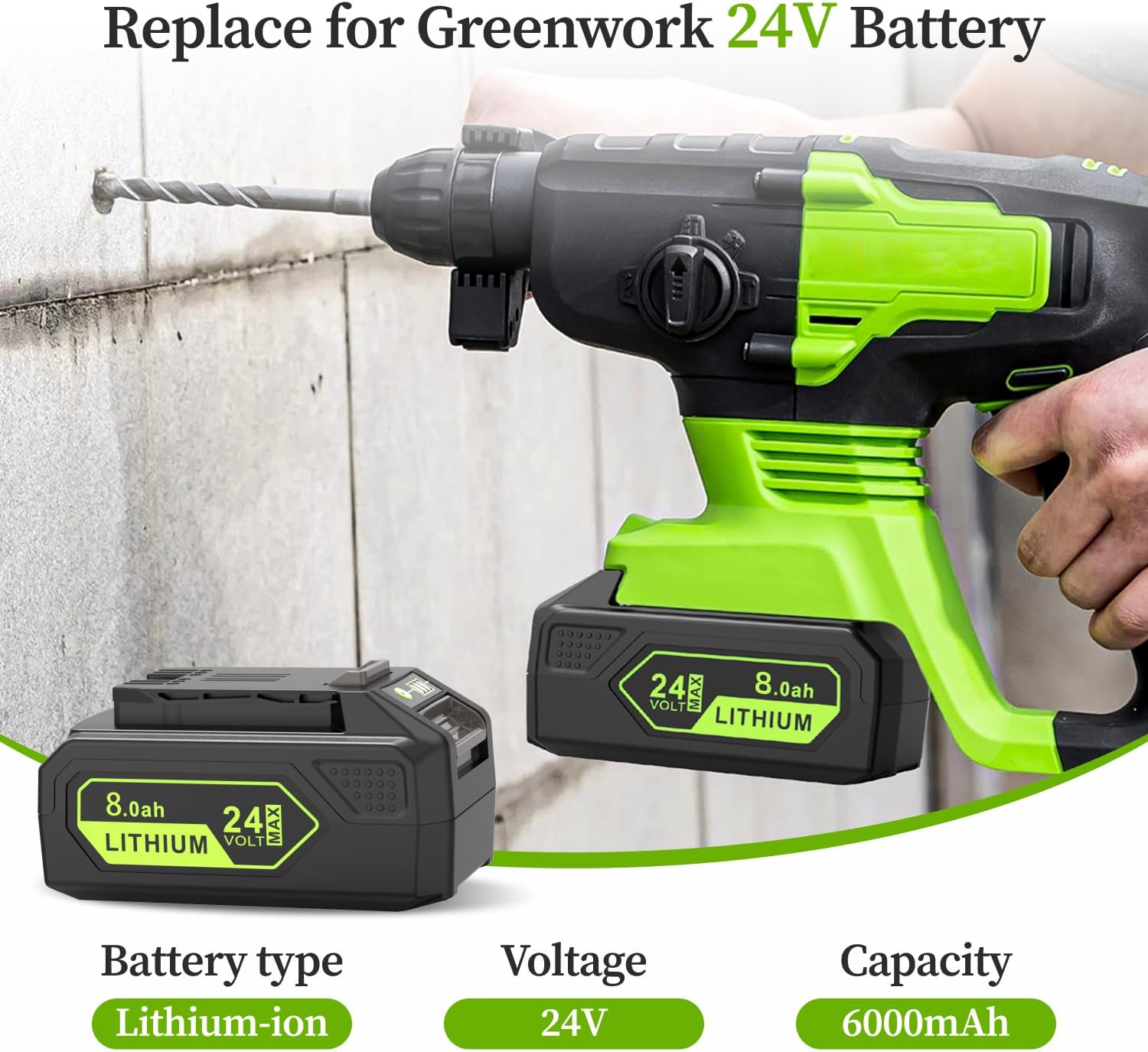 8.0Ah Replacement Battery for Greenworks 24 Volt Battery Lithium Lawn Mower 29842 29852 29322 LB24A020 Compatible with Greenworks 24V Cordless Tools