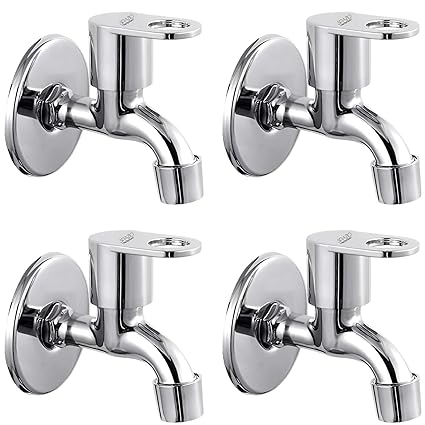 SPAZIO Stainless Steel MAX Collection Bib Cock Tap Bathroom Tap Foam Flow Water with Wall Flange, Chrome Plated, Brass Disc, Pack of 4