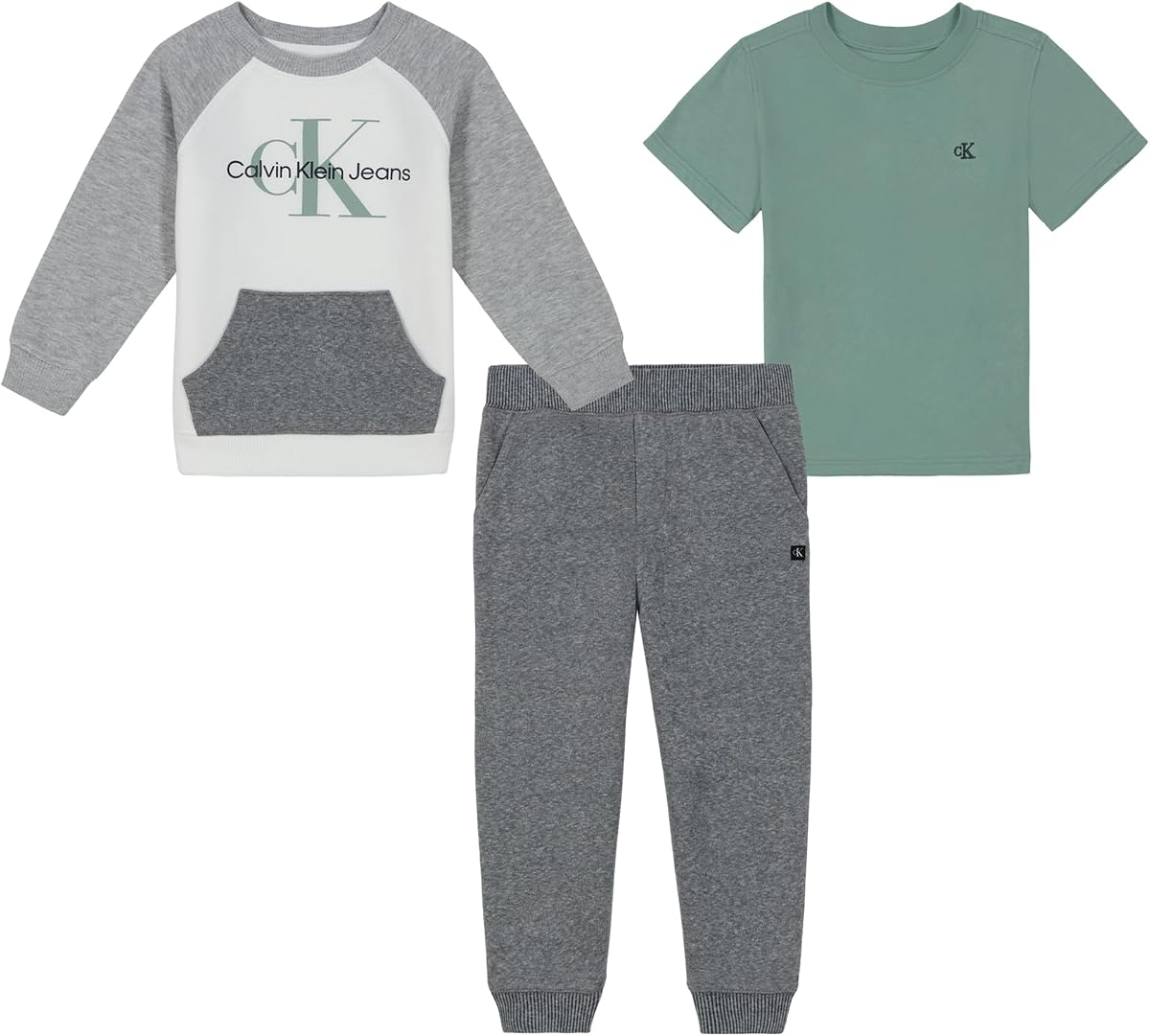 Calvin Klein Conjunto de forro polar de 3 piezas, sudadera, camisa y joggers para bebés niños