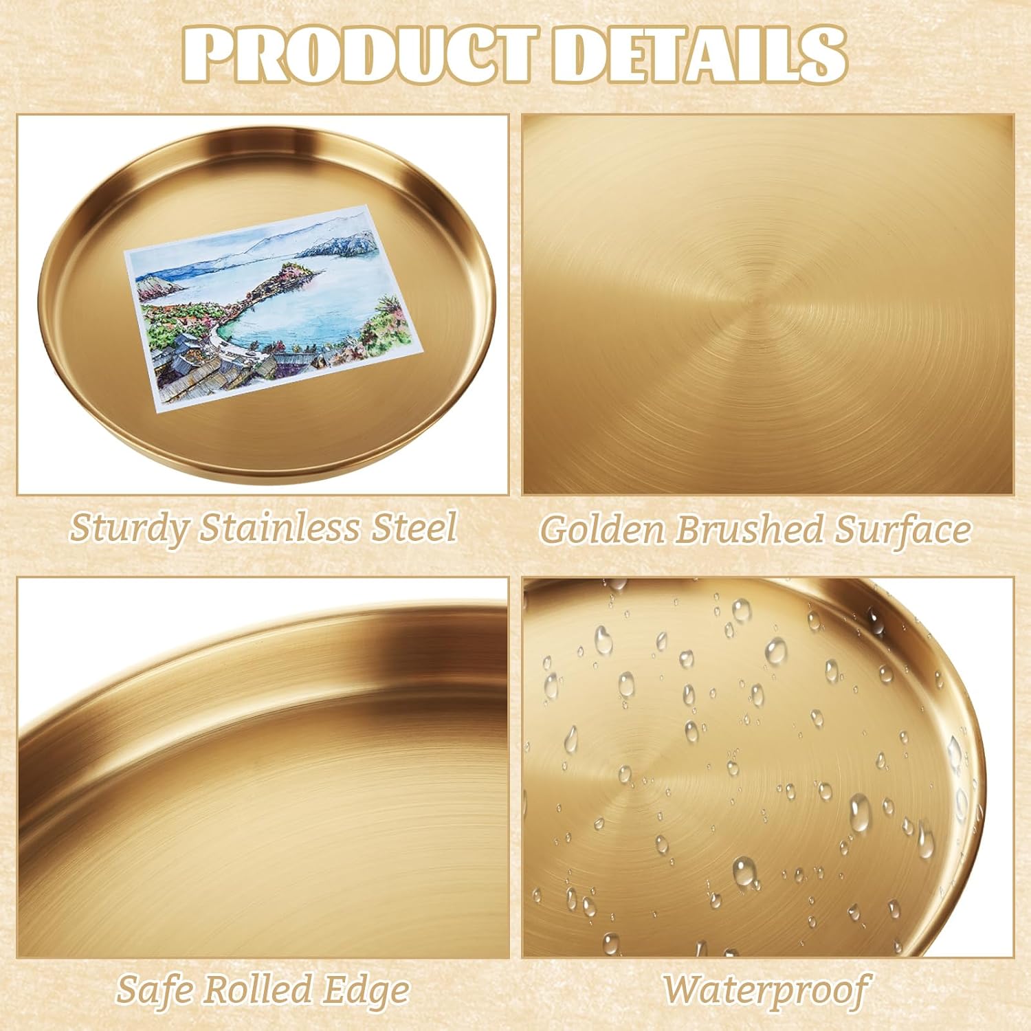 4 Pack 12 Inch Gold Round Serving Tray, Stainless Steel Decorative Vanity Tray, Key Bowl Mirror Dresser Vanity Tray Jewelry Makeup Organizer for Bathroom, Candle, Perfume, Countertop