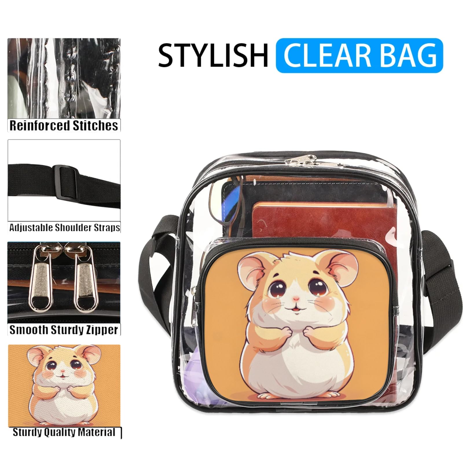 GzLeyigou Clear Crossbody Bag Stadium Approved Hamster Transparent Bag for Festivals, Sports Events, Concerts,Beach Bag for Women Men Clear Purse with Front Pocket Messenger Bag with Adjustable Strap