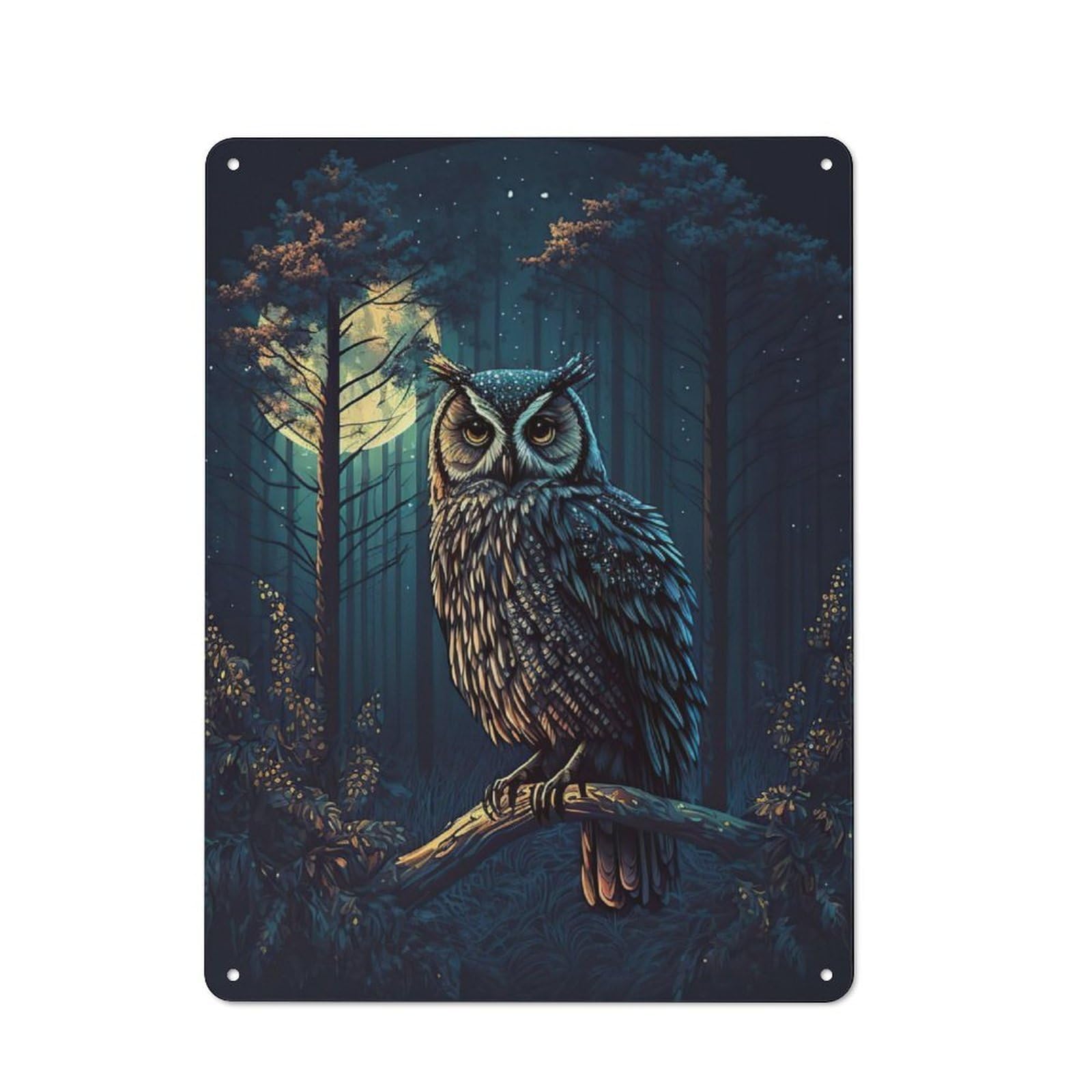 Junmoney Owl In Night Forrest Rustic Tin Sign 40X30cm For Pub Or Café, For Collectors Building A Themed Wall Display
