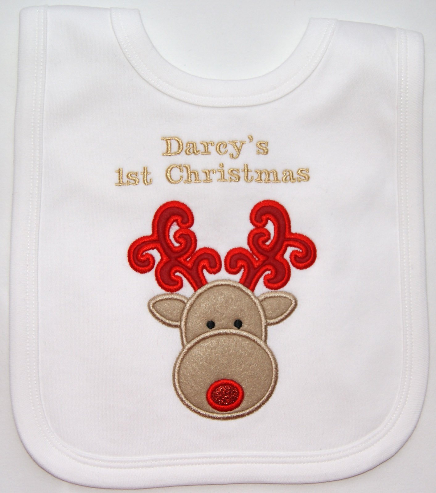 Sew Sew Special Unisex Baby’s Personalised Applique Reindeer 1st Christmas Bib (White)