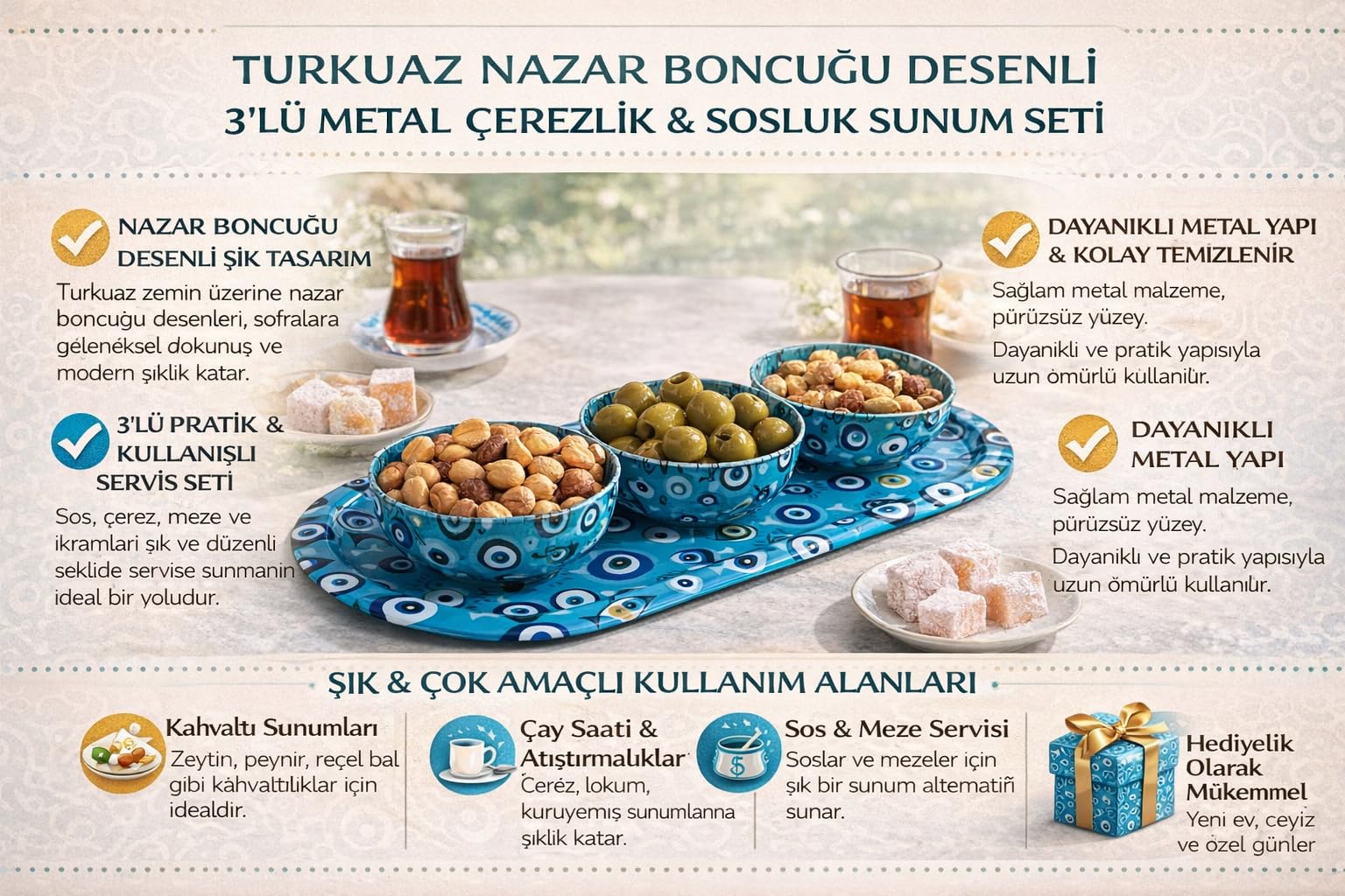 Turkuaz Nazar Boncuğu Desenli 3’lü Metal Çerezlik ve Sosluk Sunum Seti, Dayanıklı Baskılı Servis Tepsili Kahvaltılık, Atıştırmalık ve Lokumluk Kase Takımı, Modern Dekoratif Sofra Sunum Ürünü